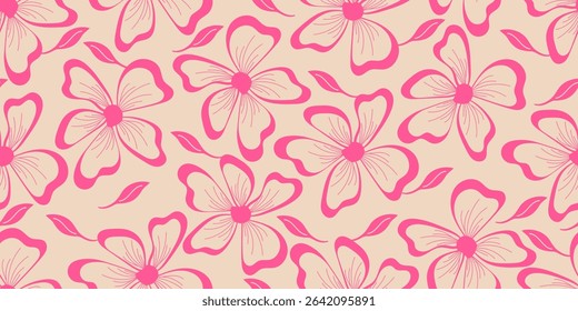 Exotic hand drawn pink flowers, seamless patterns with floral for fabric, textiles, clothing, wrapping paper, cover, banner, home decor, abstract backgrounds. Vector illustration