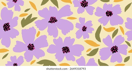 Exotic hand drawn Purple flowers, seamless patterns with floral for fabric, textiles, clothing, wrapping paper, cover, banner, home decor, abstract backgrounds. Vector illustration.
