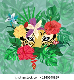 Exotic hand drawn of Tiger face with tropical flowers and leaves on light green background, Greeting card, seamless textile pattern print, Eps 10 vector