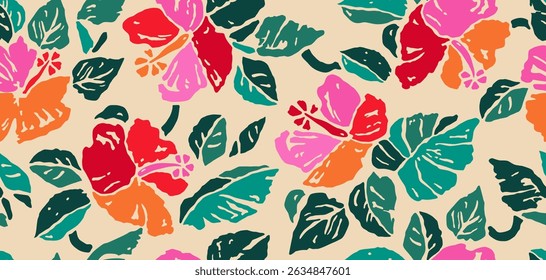 Exotic hand drawn tropical flowers print, seamless summer floral pattern for fabric, textiles, clothing, packaging, cover, banner, home decor, hawaiian backgrounds. Vector illustration.