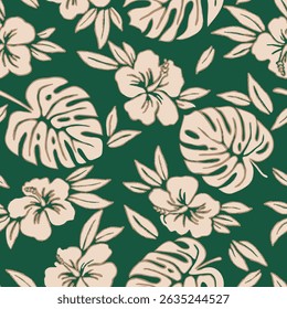 Exotic hand drawn tropical flowers print, seamless summer floral pattern for fabric, textiles, clothing, packaging, cover, banner, home decor, hawaiian backgrounds. Vector illustration.
