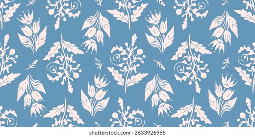 Exotic hand-drawn flowers, seamless patterns with floral for fabric, textiles, clothing, wrapping paper, cover, banner, home decor, and abstract backgrounds. Vector illustration.