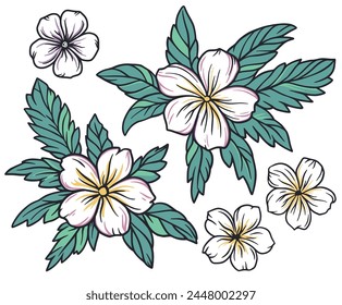 Exotic hand-drawn tropical hibiscus flower illustration with vibrant blooms, palm trees, and ocean waves, perfect for botanical artwork, beach-themed designs, and hawaiian-inspired floral patterns.