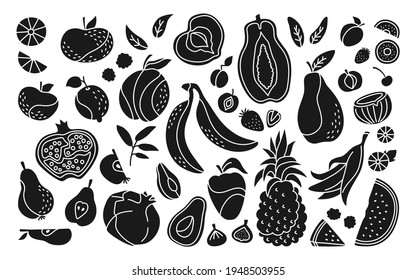 Exótico juego de glifos negros de frutas hawaianas. Frutos tropicales, melón de arándano de piña y mandarina. Albaricoque plano de manzana, higo, limón de fresa. Ilustración vectorial de moda aislada