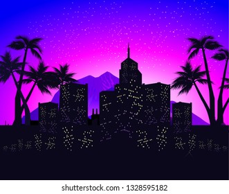 Exotic Hawaiian landscape black silhouettes of the city with luminous windows, retro style, vector illustration