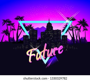 Exotic Hawaiian landscape black silhouettes of the city with luminous windows, retro style, vector illustration