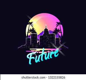 Exotic Hawaiian landscape on a background of the sun. Black silhouettes of the city with luminous windows, retro style, vector illustration.