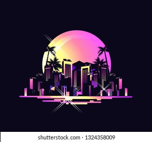 Exotic Hawaiian landscape southern city, on the ocean with palm trees, houses otlyami, retro style, vector illustration on black background