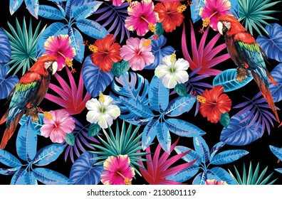 exotic hawaiian pattern palm leaves and parrot seamless vector colorful design