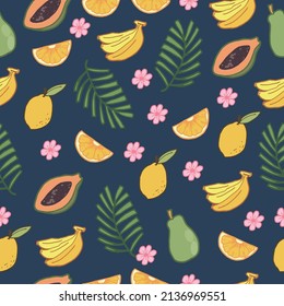 Exotic Hawaiian Summer Design. Dive into the spirit of summer with this seamless pattern featuring tropical fruits, flowers, and palm leaves. The lively composition adds an exotic touch to your event
