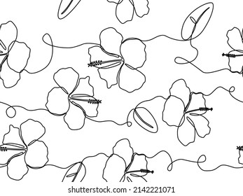 Exotic hibiscus flower in one line drawing in seamless pattern background design