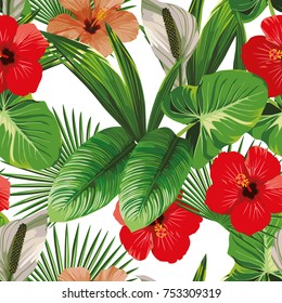 Exotic hibiscus flowers and tropical leaves white background. Vector beach pattern wallpaper