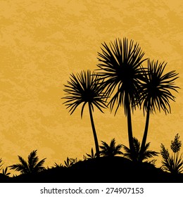 Exotic Horizontal Seamless Landscape, Black Silhouettes of Palm Trees, Tropical Plants and Flowers on Abstract Grunge Background. Vector