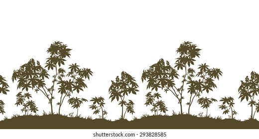 Exotic Horizontal Seamless Landscape, Castor Plants with Leaves and Grass Black Silhouette Isolated on White Background. Vector