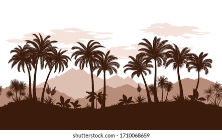 Exotic Horizontal Seamless Landscape, Palm Trees and Tropical Plants Silhouettes on the Background of Mountains and Clouds. Vector