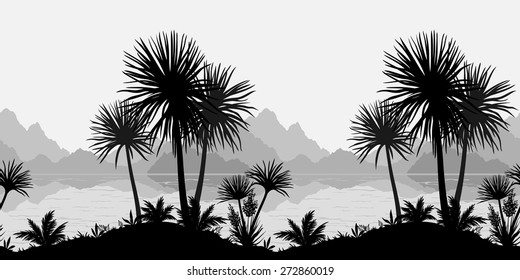 Exotic horizontal seamless landscape, palm trees, plants, sea and mountains black and grey silhouettes. Vector