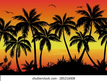 Exotic Horizontal Seamless Landscape, Palm Trees, Plants, Ocean and Birds Gulls Black Silhouettes. Eps10, Contains Transparencies. Vector