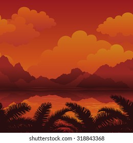 Exotic Horizontal Seamless Landscape, Sea, Palm Tree Leaves Silhouettes, Mountains and Cloudy Sky. Eps10, contains transparencies. Vector