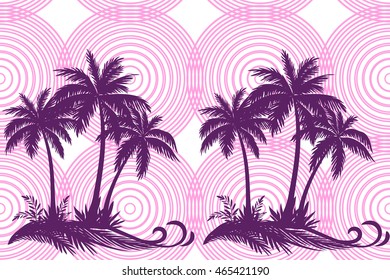 Exotic Horizontal Seamless Pattern, Tropical Landscape, Palms Trees and Grass Silhouettes on Background with Pink Rings. Vector