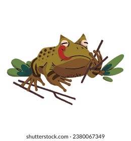 La lengua de la rana de cuerno exótico muestra la lengua, lame el ojo. Ceratófrys froggy sentado con ramas. Animal anfibio, sapo tropical. Naturaleza silvestre, fauna de pantano. Ilustración vectorial aislada plana en blanco