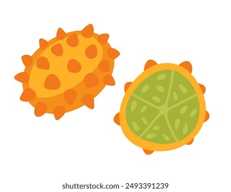 Exotic horned melon kiwano. Tropical fruit with its distinctive spiky orange rind and bright green flesh. Sweet tasty plant with spikes. Vector illustration isolated on white background.