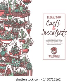 Exotic houseplants boutique hand drawn social media banner template. Cacti and succulents floral store vector poster design. Indoor plants illustration with text space. Potted cactus sketches