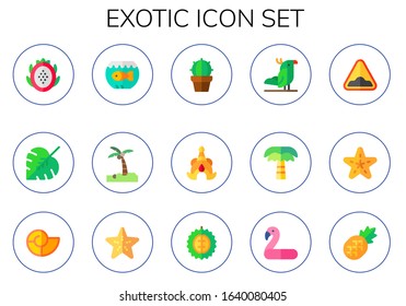 exotic icon set. 15 flat exotic icons.  Simple modern icons such as: dragon fruit, monstera leaf, aquarium, palm tree, cactus, thailand, parrot, hump, starfish, seashell, durian