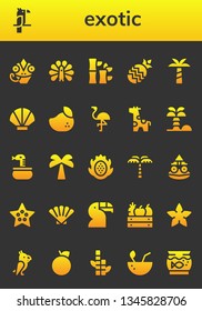 exotic icon set. 26 filled exotic icons.  Collection Of - Chameleon, Parrot, Peacock, Bamboo, Pineapple, Palm tree, Seashell, Mango, Flamingo, Giraffe, Coconut tree, Snake, Dragon fruit