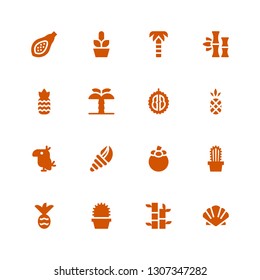 exotic icon set. Collection of 16 filled exotic icons included Scallop, Bamboo, Cactus, Pineapple, Mangosteen, Seashell, Parrot, Durian, Palm tree, Papaya