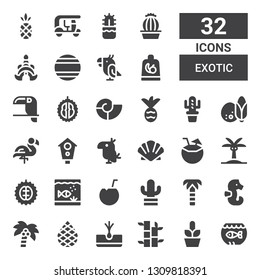 exotic icon set. Collection of 32 filled exotic icons included Aquarium, Cactus, Bamboo, Tuber, Palm, Coconut tree, Seahorse, Palm tree, Coconut, Durian, Scallop, Parrot, Aviary