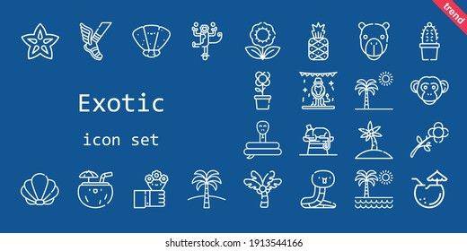 exotic icon set. line icon style. exotic related icons such as carambola, flowers, monkey, chameleon, seashell, snake, flower, coconut, palm tree, pineapple, camel, cactus, hermes, animals