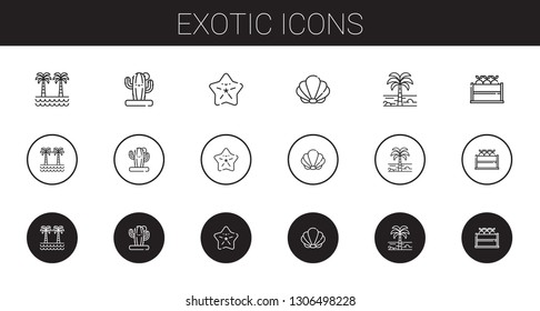 exotic icons set. Collection of exotic with palm tree, cactus, starfish, seashell, fruit. Editable and scalable exotic icons.