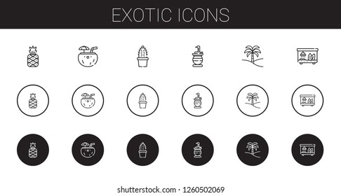exotic icons set. Collection of exotic with pineapple, coconut, cactus, snake, palm tree, terrarium. Editable and scalable exotic icons.
