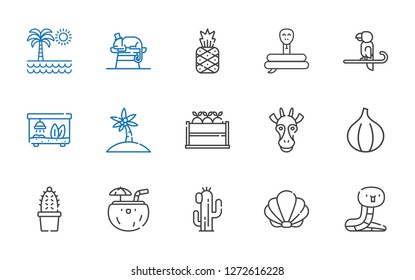 exotic icons set. Collection of exotic with snake, seashell, cactus, coconut, fig, giraffe, fruit, palm tree, terrarium, parrot, pineapple. Editable and scalable exotic icons.