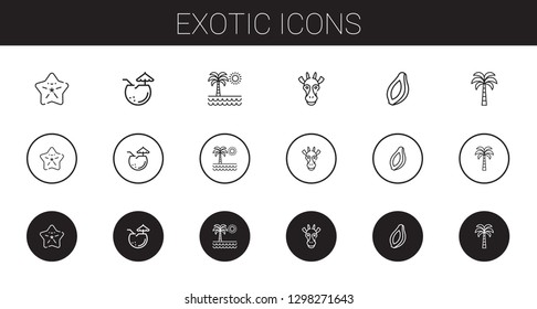 exotic icons set. Collection of exotic with starfish, coconut, palm tree, giraffe, papaya. Editable and scalable exotic icons.