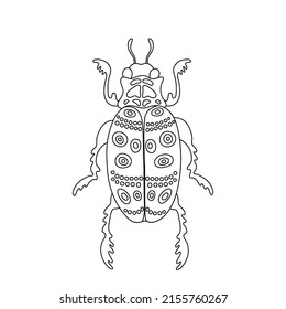 Escarabajo de insectos exóticos. Ilustración aislada de la línea de insectos voladores tropicales, de la línea de arte vector, dibujada a mano. Elemento de diseño místico estilizado para tatuajes, impresión, portada, libro, página de coloreado
