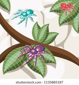Exotic insect isometric background with colorful spiders sitting on tropic tree leaves cartoon vector illustration