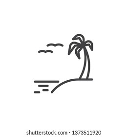 Exotic island beach line icon. linear style sign for mobile concept and web design. Summer beach with palm tree, sea and birds outline vector icon. Symbol, logo illustration. Vector graphics