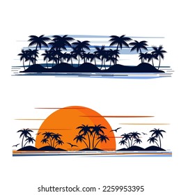 An exotic island. Black silhouette. Orange sunset, blue sky. Vector set.