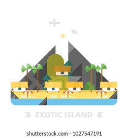 Exotic island. Bungalow in background of mountains.