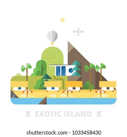 Exotic island. Bungalow in background of mountains. Modern house in mountains.