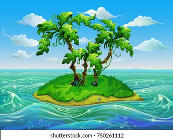 Exotic Island with palm trees in the ocean. Vector illustration for design and background.