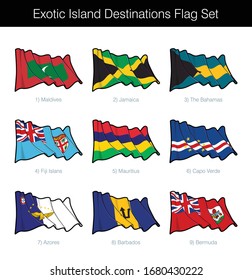 Exotic Island Travel Destinations Waving Flag Set. The set includes the flags of Maldives, Azores, Mauritius, Fiji, Bermuda, Jamaica, Bahamas, Barbados and Cape Verde. Vector Icons neatly on Layers