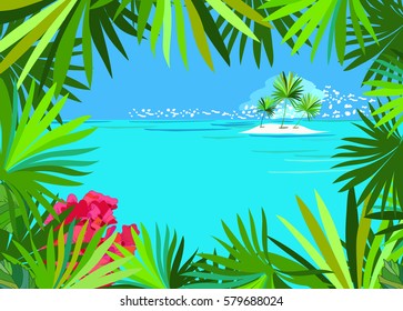 Exotic island vector illustration. Create your own paradise card template with white island, green palm trees and leaves, turquoise water, blue sky, clouds and red hibiscus.