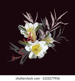 Exotic isolated bouquet with white flowers of lilies on a black background. Vector with elements of tropical plants, leaves, stems, branches, buds, silhouettes collected in composition.