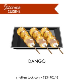 Exotic Japanese dango on wooden sticks in square plate