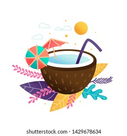 Exotic Juice Fresh Cocktail in Coconut. Straw and Umbrellas Decor. Tropical Refreshing Drink on Foliage Illustration. Paradise and Beach Party. Vacation and Resort. Summer Tropical Flat Vector Poster