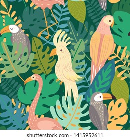 Exotic jungle birds with tropical leaves. Seamless pattern with cockatoo, flamingos, parrot, toucan. Vector background illustration