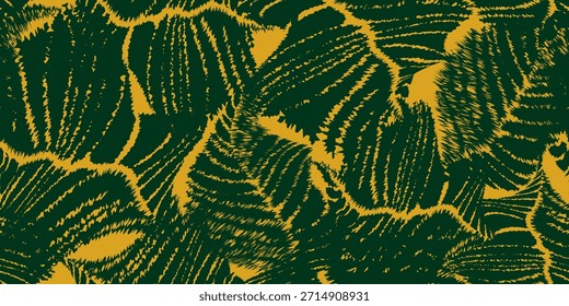Patrón sin fisuras de follaje exótico de la selva. Fondo de arte de flora tropical oscuro con acentos verdes, negros y dorados. Hermoso gráfico de hojas abstractas dibujadas a mano. Ilustración vectorial estilo playa