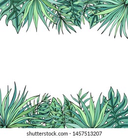 Exotic jungle frame with tropical leaves and place for text. Exotic tropical garden for wedding invitations, greeting card and fashion design. Vector illustration.